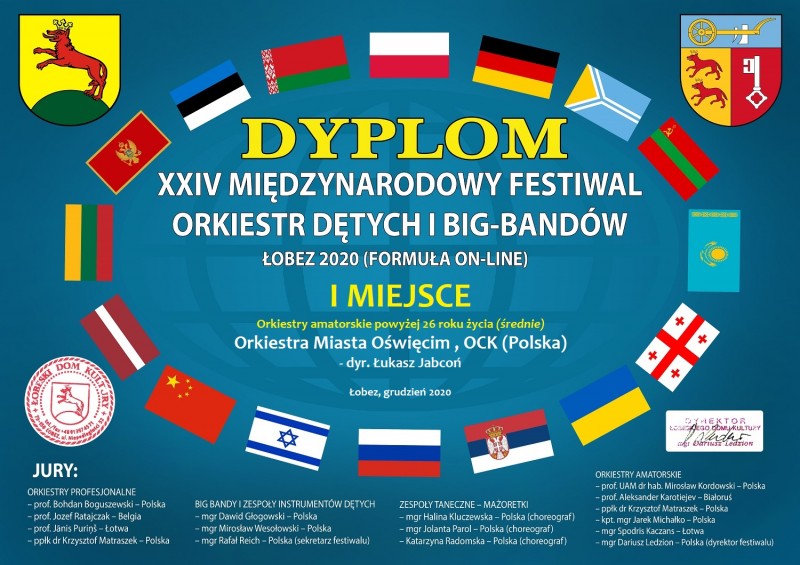 Dyplom dla orkiestry za zajęcie I miejsca w konkursie, flagi państw biorących udział w konkursie