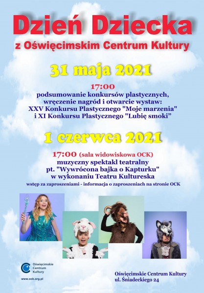 Na plakacie program dnia dziecka oraz postaci bajkowe ze spektaklu teatru kultuireska