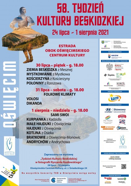 Na plakacie wiruj�ca w ta�cu g�ralka, niebieskie t�o i program koncert�w, loga