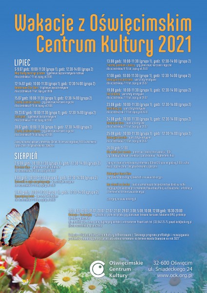 Kolorowy plakat, z kwiatkami, motylkiem, niebieskim t�em i programem zaj��