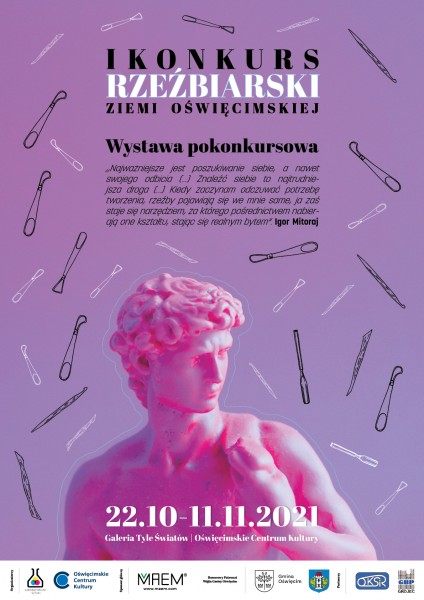 plakat konkursu z logiem - popiersiem rze�by, nazwa konkursu, loga