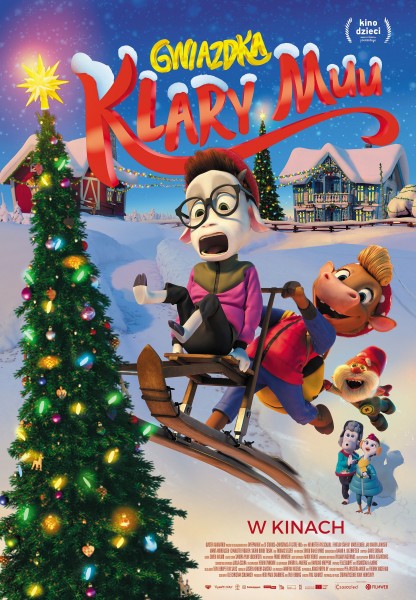 na plakacie choinka i dwie kolorowe krowy na sankach