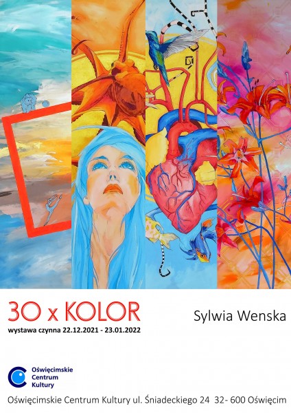 kolorowy collage sk�adaj�cy si� z wielu element�w - zwierz�t, serca. itp, tytu� wystawy i nazwisko autorki