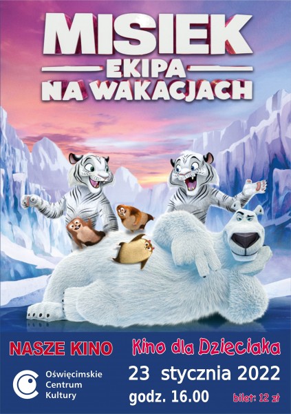 na plakacie bia�y misiek, dwa tygrysy i trzy pingwiny na krze lodowej