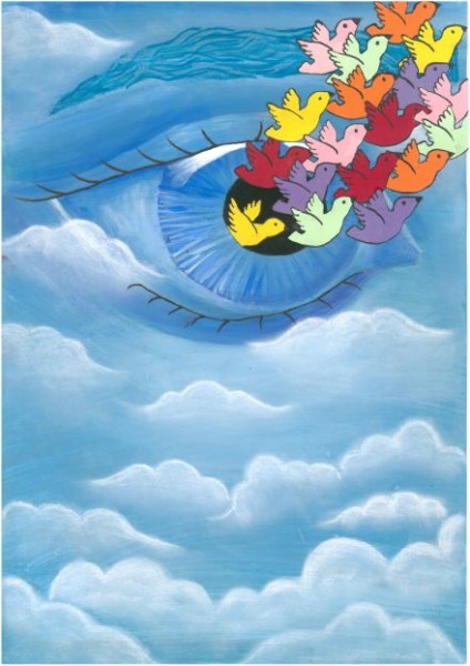 na ilustracji wyr�niona praca z 2023 roku, kolorowe go��cie wylatuj�ce z oka utworzonego z niebieskich chmur