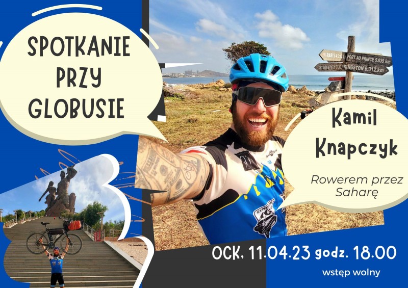 na plakacie zdj�cie autora spotkania na rowerze oraz collage zdj�� z podr�y