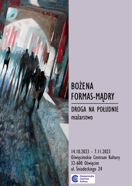 na plakacie fragment obrazu, ludzie pod arkadami