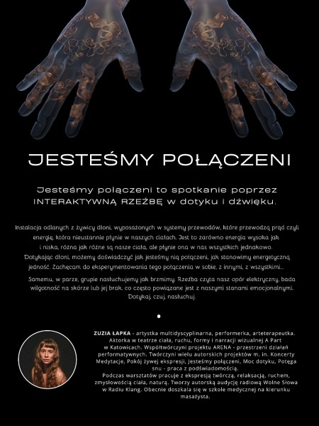 na czarnym plakacie d�onie, zdj�cie autoreki i tekst informacyjny